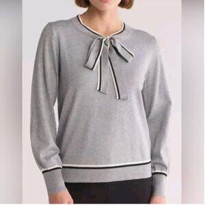 Adrianna Papell Grey Long Sleeve Sweater with Tie Neckline